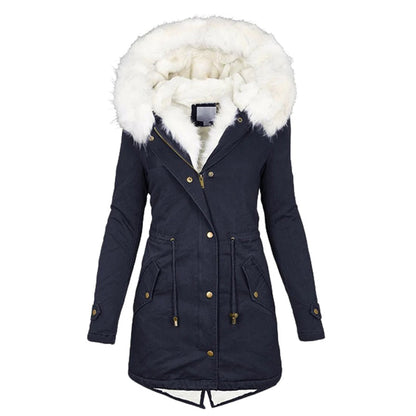 Damen Wintermantel schwarz mit Kapuze und Kunstfell, warm, modisch, Outdoor-Bekleidung.