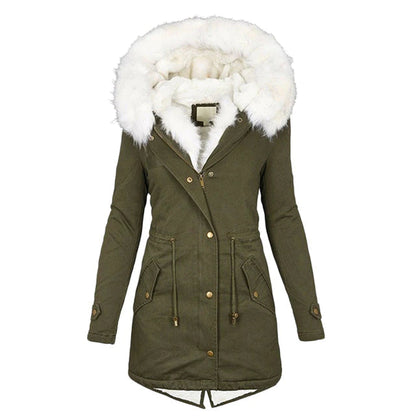 Damen Wintermantel, olivgrün, mit weißem Kunstfellkragen, warm, modisch, Parka-Stil.