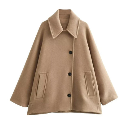 Beige Damenmantel aus Wolle, klassischer Schnitt, Herbstmode, Knopfverschluss, Taschen.