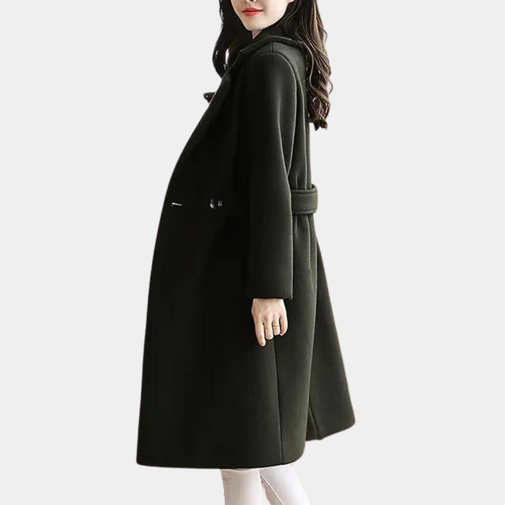 Damen Wintermantel schwarz, eleganter Wollmantel, modischer langer Mantel, warme Oberbekleidung.