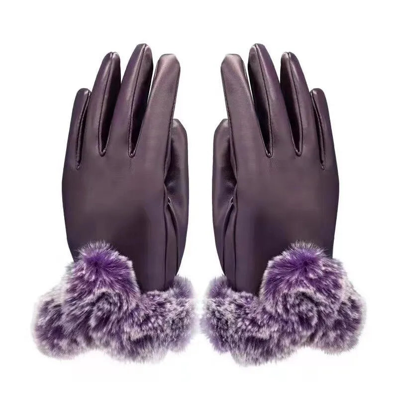 Damenhandschuhe Leder lila mit Kunstfellbesatz, elegant, warm, Wintermode Accessoire.