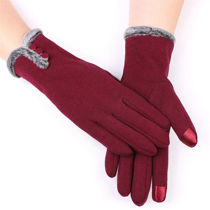 Damenhandschuhe rot, Touchscreen-fähig, mit Kunstfellbesatz, elegant, Wintermode.