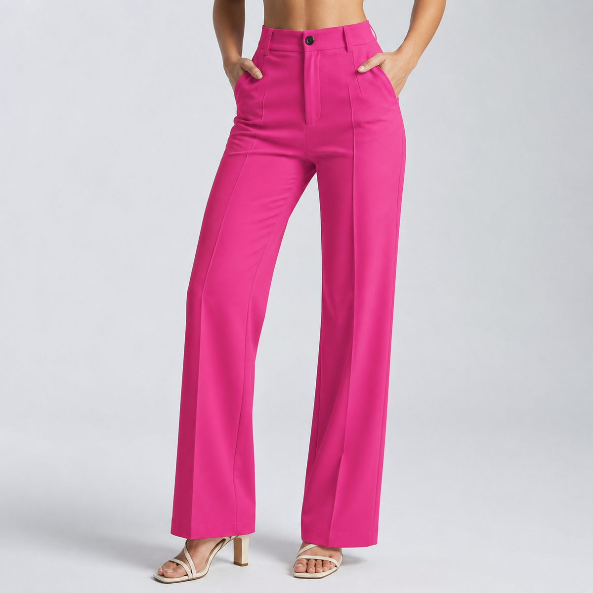 Pinke Hose mit hohem Bund und Bügelfalte, beide Hände in den Taschen, Frontansicht am Model 13