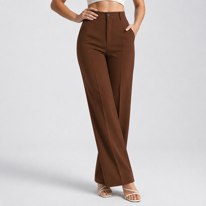 Braune Hose mit hohem Bund und weitem geradem Bein, Frontansicht am Model 14