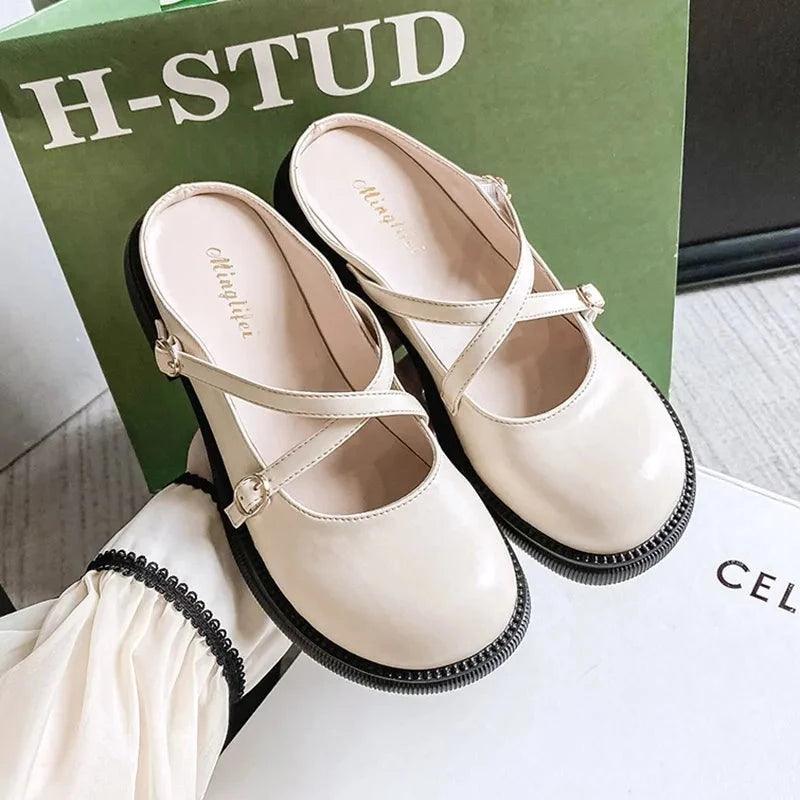 Damen-Lederslipper beige, stilvolle Mules, bequem, modisch, Freizeit, rutschfest.