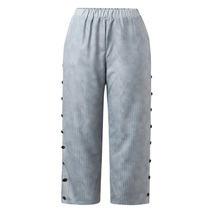 Gestreifte High-Waist Damen Hose mit Zierknöpfen – Herbstzauber Florence