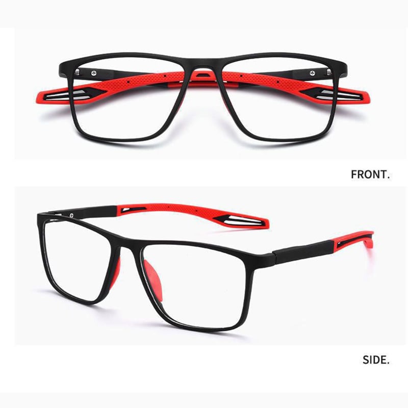Zwei Ansichten der schwarzen Brille mit roten Bügelenden und roten Nasenpads