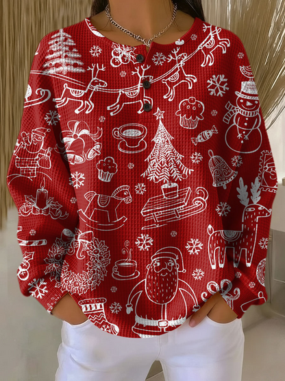 Rote Waffelstrick-Variante mit Knopfleiste, getragen zu weißer Hose, weißes Weihnachtsmuster aus Rentierschlitten, Weihnachtsmann, Tannenbaum, Glocken und Schne 21