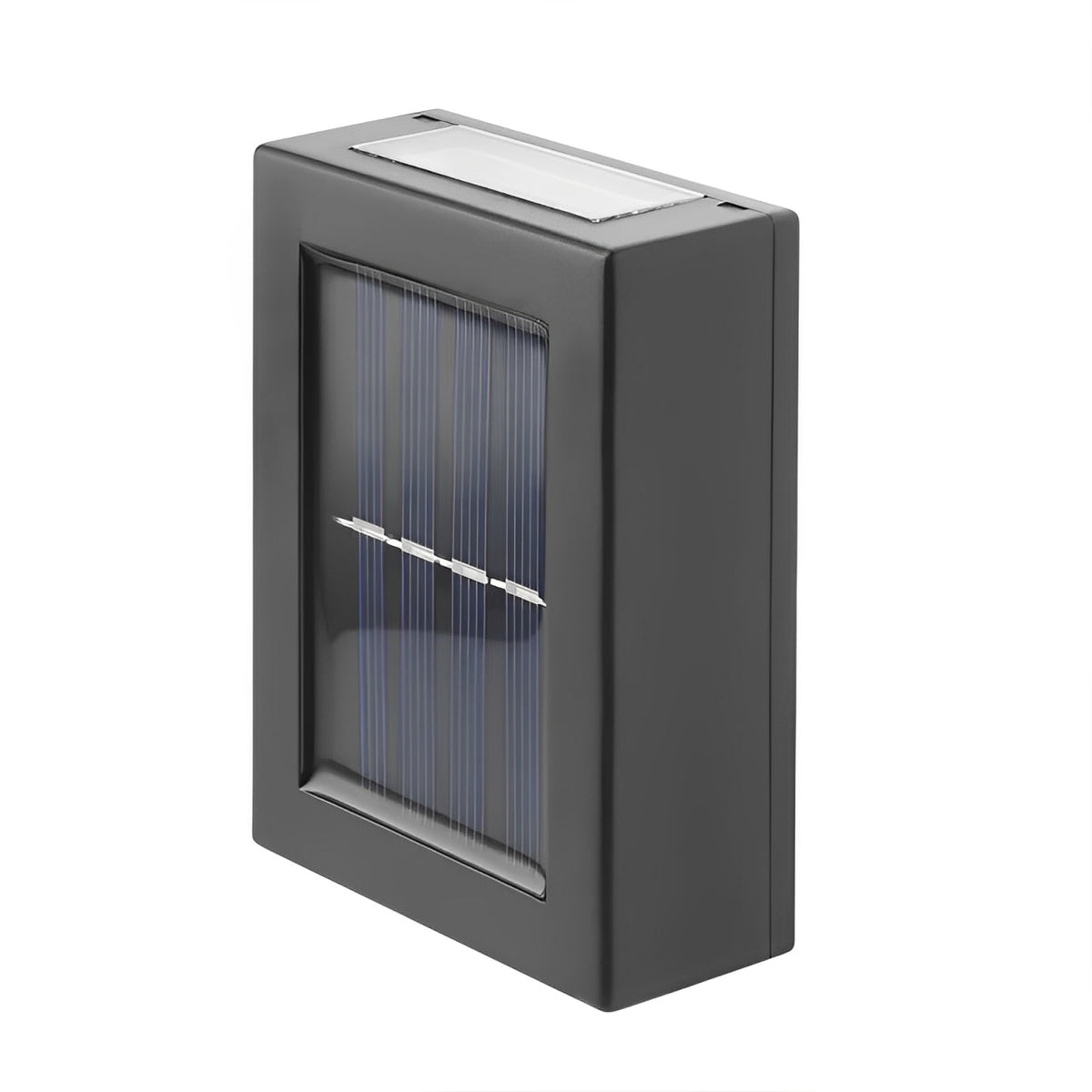 Schwarze Solar-Wandleuchte aus Kunststoff im Freisteller, mit Solarpanel und Lichtöffnung