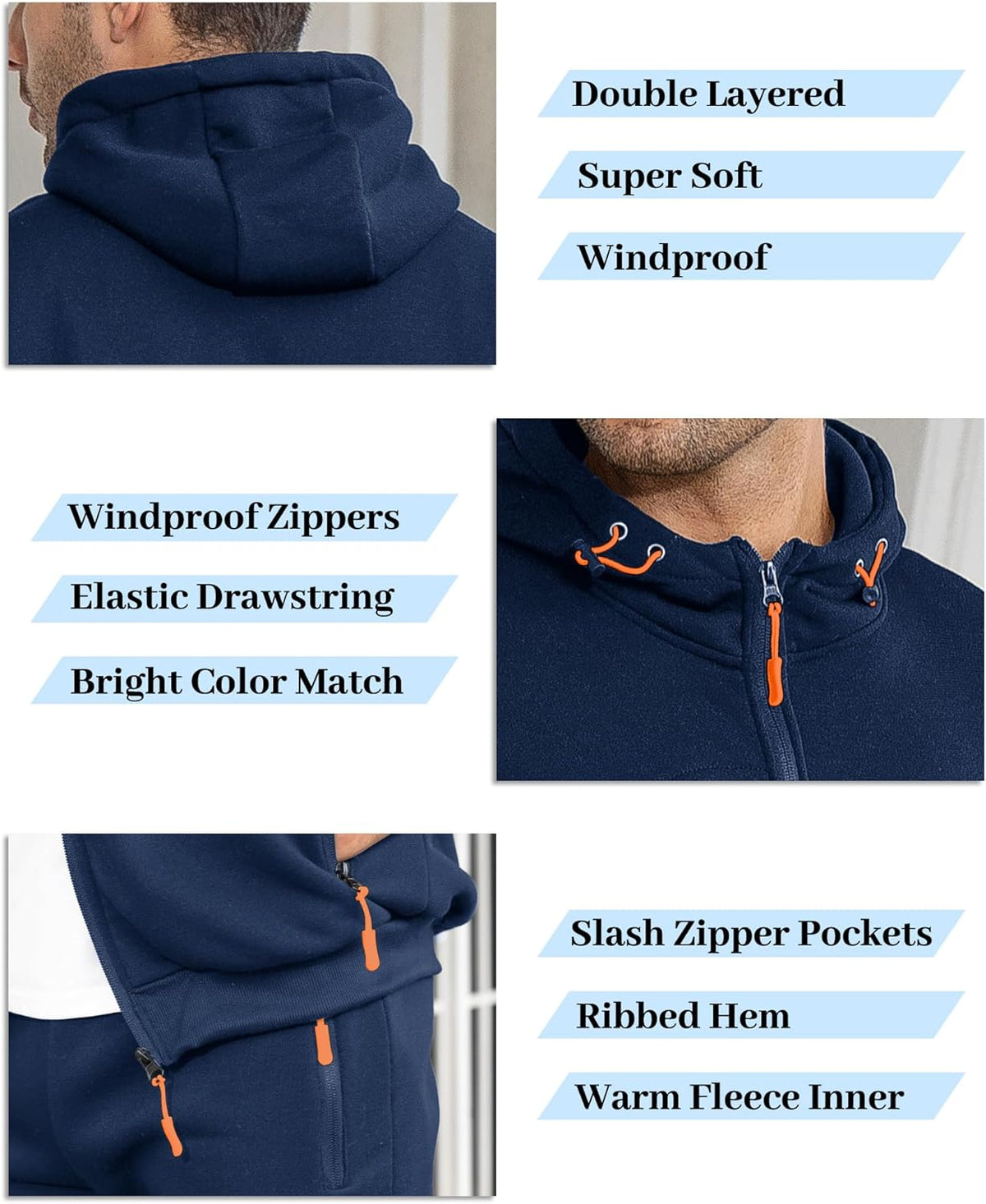 Dunkelblauer Herren-Hoodie, winddicht, doppellagig, mit Reißverschlusstaschen und Kapuze.