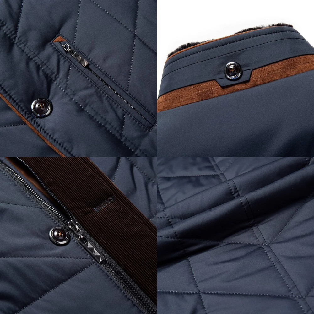 Dunkelblaue Steppjacke mit Reißverschluss und Knopfdetails, Herrenmode, Winterjacke.