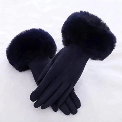 Dunkelblaue Damenhandschuhe mit Kunstfell, elegant, warm, Wintermode, Accessoire.