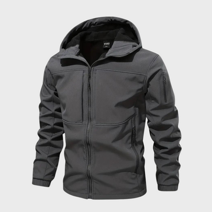 Dunkelgraue Herren-Kapuzenjacke, wasserabweisend, atmungsaktiv, Outdoor-Bekleidung.