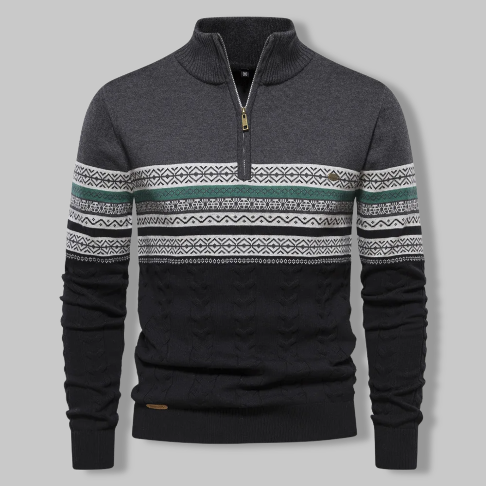 Dunkelgrauer Herrenpullover mit Reißverschluss, Norwegermuster, Wintermode, Baumwolle.