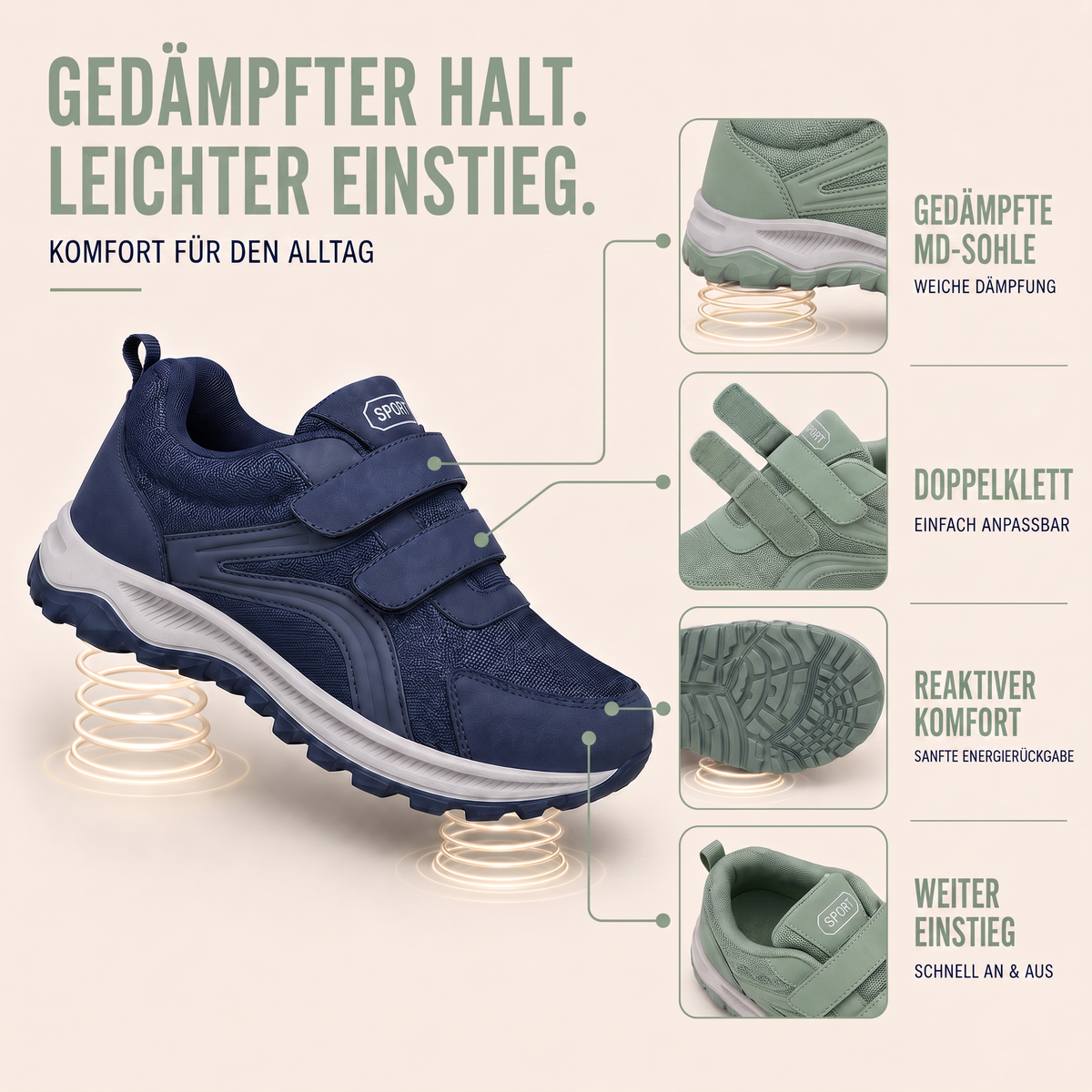 Infografik zu dämpfender Sohle, Doppelklett und weitem Einstieg am blauen Schuh mit grünen Detailausschnitten 2