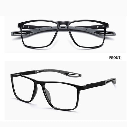 Zwei Ansichten der schwarzen Brille mit grauen Bügelenden