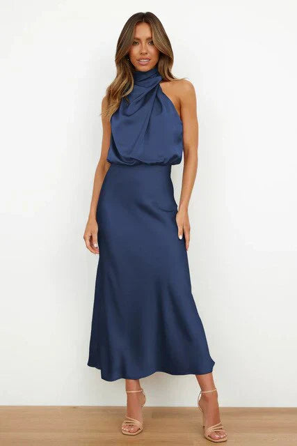 Stilvolles Abendkleid mit hohem Kragen aus Satin für Sommerevents – Elina