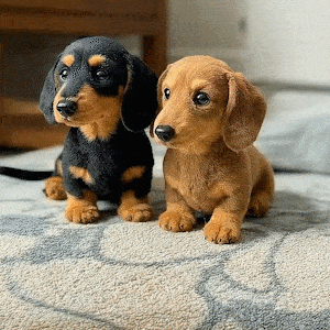 Zwei goldene Plüschhunde aus Polyester in einer anderen Ansicht auf einem Teppich.