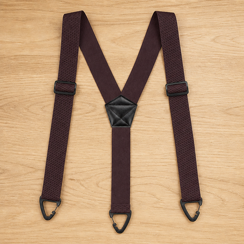Dunkelbraune Y-Hosenträger mit schwarzem Lederkreuz, Verstellschnallen und drei Clips, flach auf einem Holztisch. 17