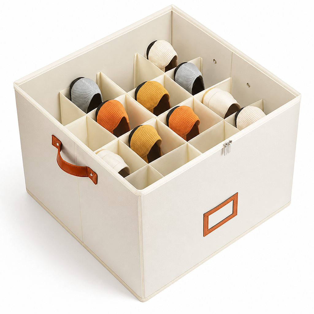 Beiger Schuh-Organizer von oben mit unterteiltem Innenraum und vielen Schuhen.