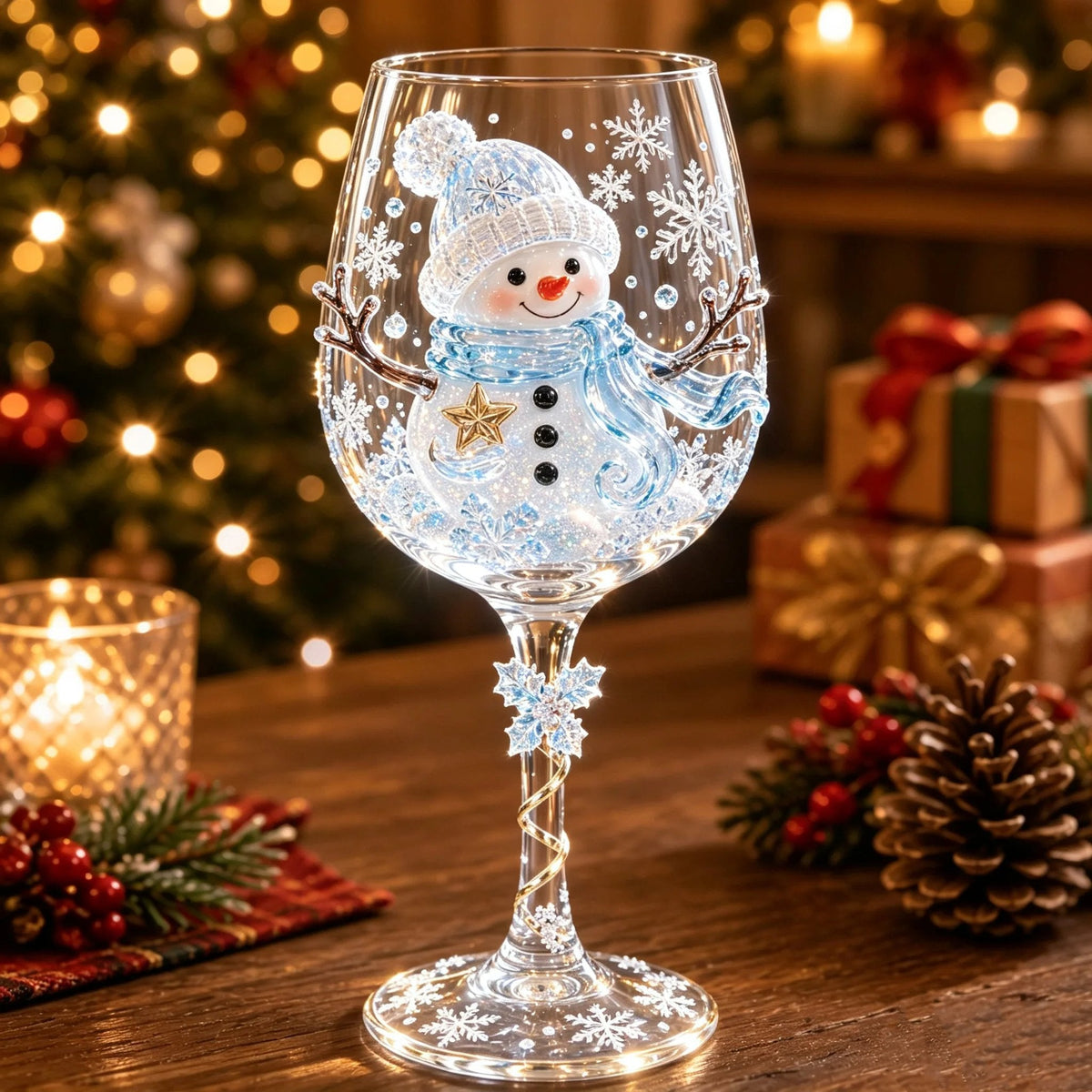 Weinglas mit dreidimensionalem Schneemann in Strickmütze und hellblauem Schal, Schneeflocken auf dem Glas und Eiskristall am 2