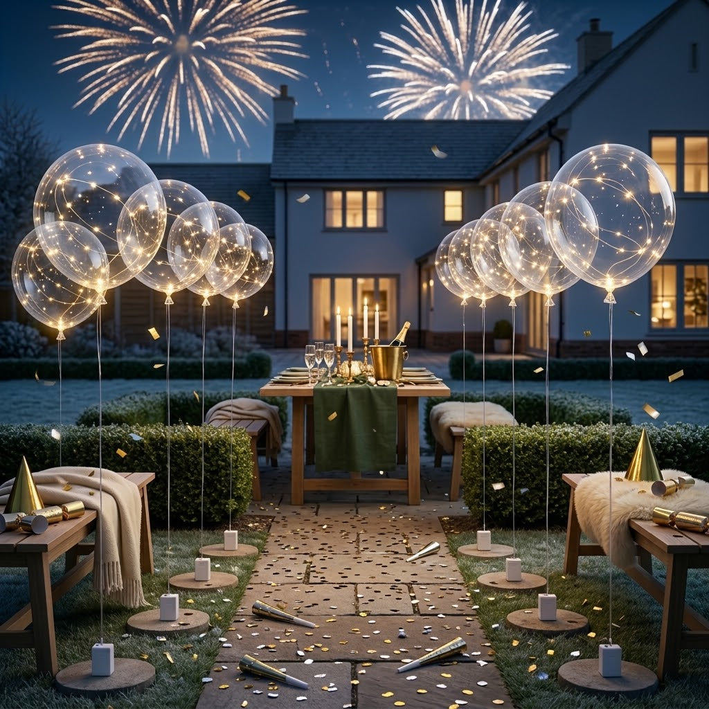 Ballongruppen mit Lichterketten auf Gartenwegen vor einem Haus bei Silvesterfeuerwerk und Konfetti 4