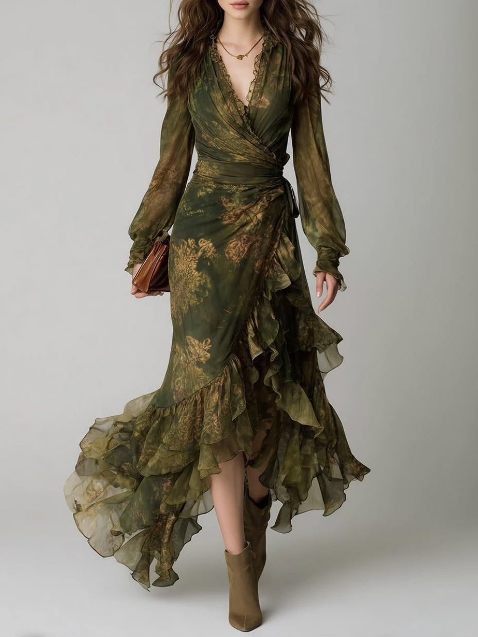 Grünes Wickel-Maxikleid mit Blumenmuster, langen Ärmeln und Rüschenstufen, Vorderansicht
