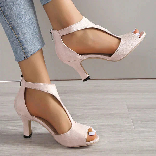 Damen Sandalen mit Absatz, elegant, beige, Wildleder, modisch, für Sommer, offene Zehen.