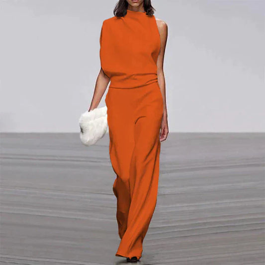 Eleganter orange Jumpsuit Damen, ärmellos, weite Beine, Sommermode 2023, schickes Design.