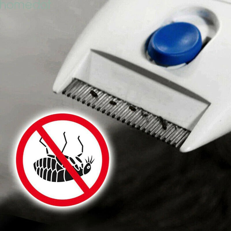 Elektrischer Flohkamm, weiß, mit blauer Taste, entfernt Flöhe von Haustieren.