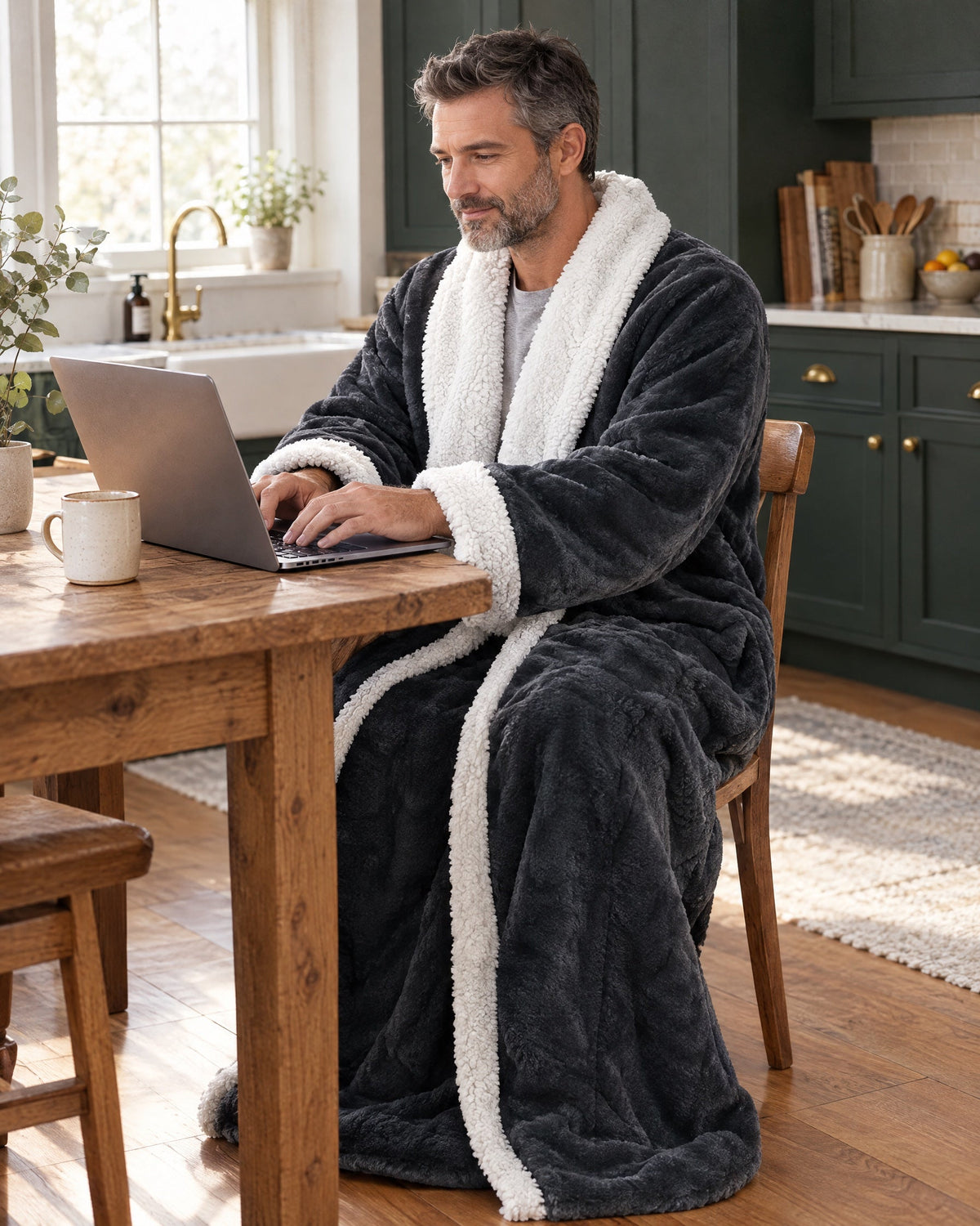 Mann arbeitet am Laptop am Holztisch in der Küche und trägt dabei die Decke mit Ärmeln wie einen langen Bademantel. 9