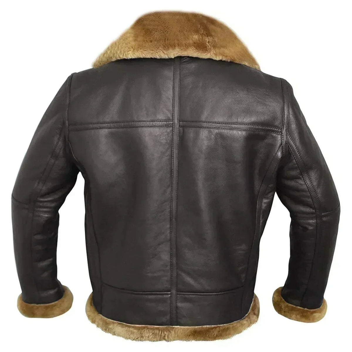 Rückansicht der dunklen Lederjacke mit Ziernähten, Fellkragen und Fellbesatz an Saum und Ärmelabschlüssen 7
