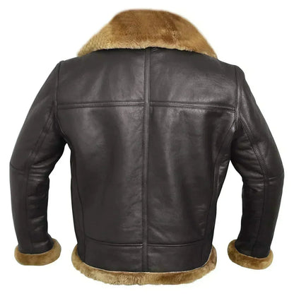 Rückansicht der dunklen Lederjacke mit Ziernähten, Fellkragen und Fellbesatz an Saum und Ärmelabschlüssen 7