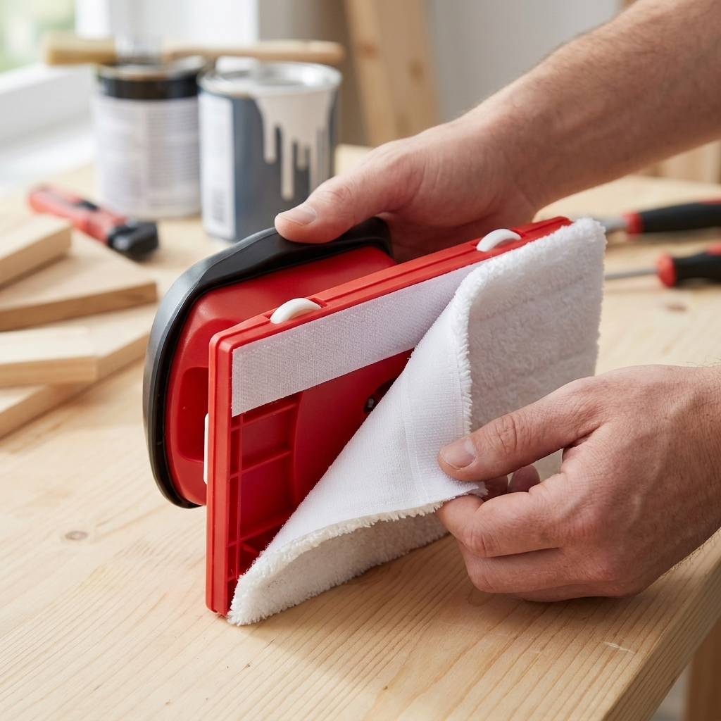 Detail: weißes Ersatzpad wird von der Klettfläche des roten Farbkantenwerkzeugs abgezogen