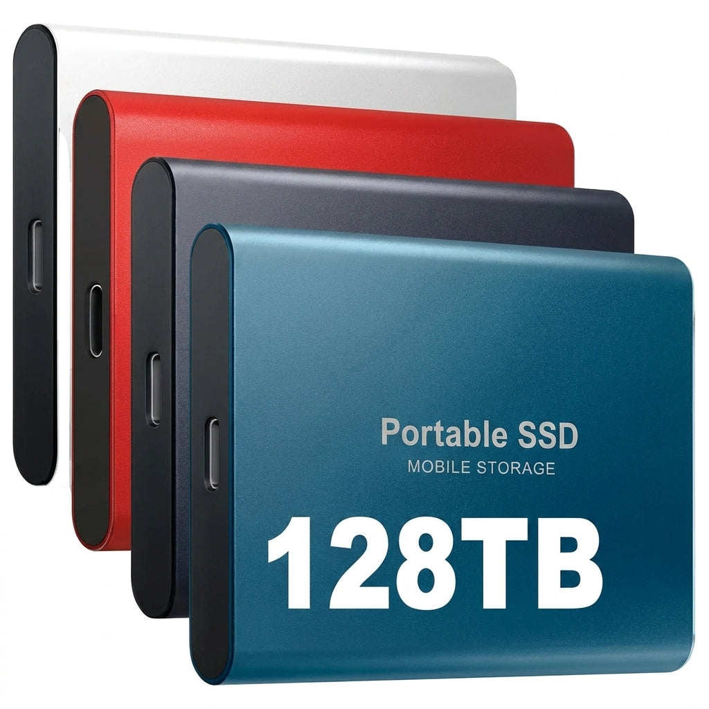Vier flache Metallgehäuse der tragbaren SSD in Weiß, Rot, Dunkelgrau und Blau hintereinander gestaffelt, mit USB-C-Anschluss an der Seite. 1