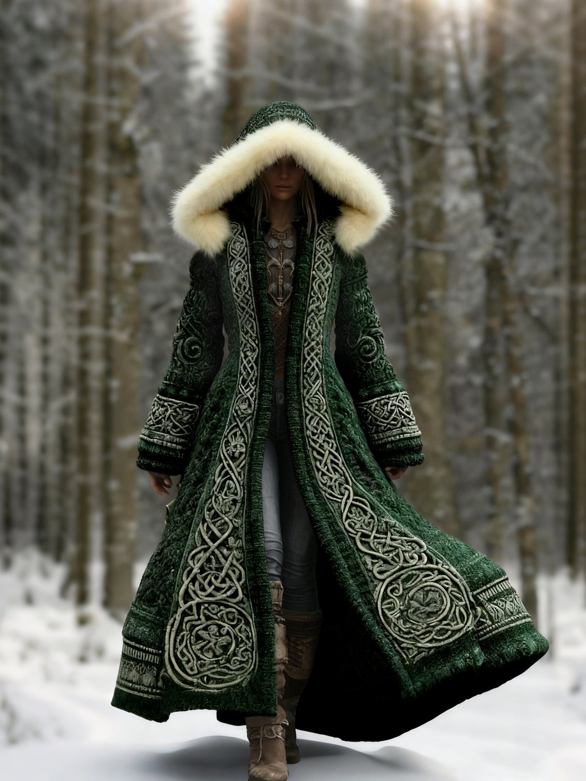 Modellfoto im Winterwald, der Mantel in dunklem Grün mit hellen verschlungenen Stickmustern 3