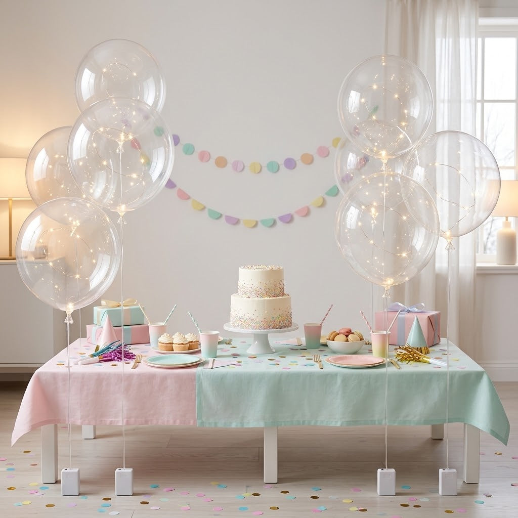 Ballons mit feinen Lichtern rahmen einen pastellfarbenen Geburtstagstisch mit Torte, Cupcakes und Konfetti 7