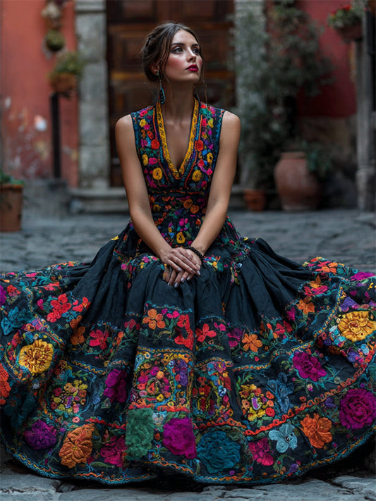 Frau sitzt auf Kopfsteinpflaster im schwarzen Kleid mit bunt gestickten Blumen, V-Ausschnitt und weit ausgebreitetem Rock, Hochformat-Ansicht. 1
