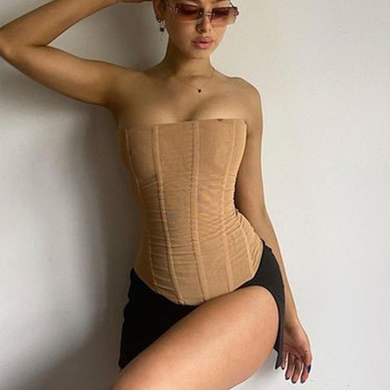 Trendy Damen Corsage Crop Top mit Figurformung & Mesh-Design – Celina