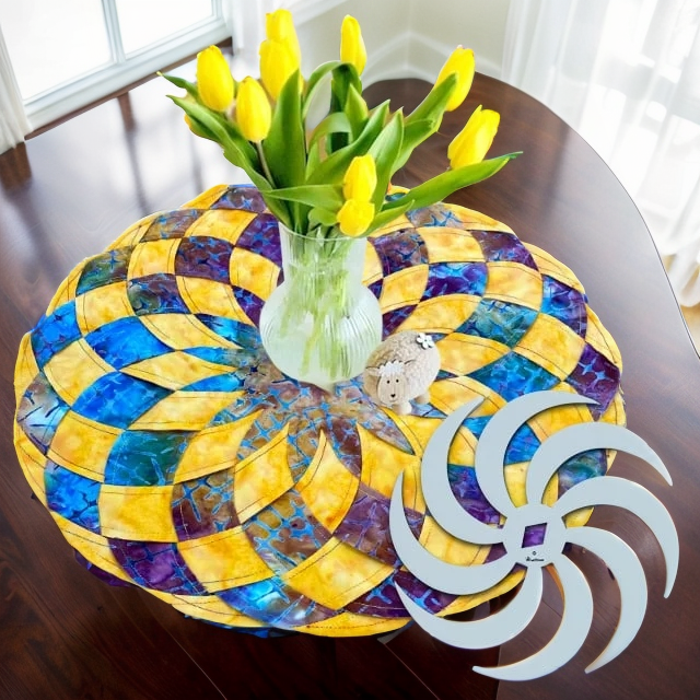 Nähvorlagen für Stoff-Tischsets, runde Tischdekoration in Gelb, Blau und Lila mit Spiralschablone