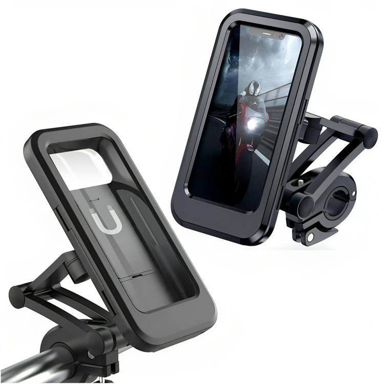 Wasserdichte Handyhalterung Fahrrad, schwarz, robust, verstellbar, für Outdoor-Aktivitäten.