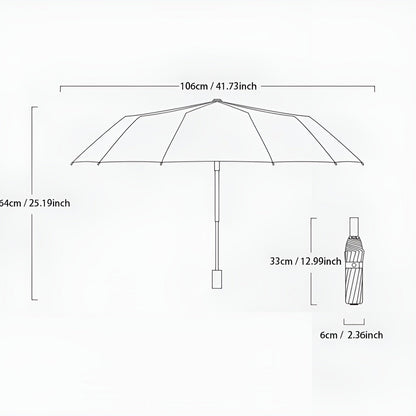 Zusammenklappbarer Regenschirm, schwarz-weiß gestreift, 106 cm Durchmesser, kompakt, leicht.