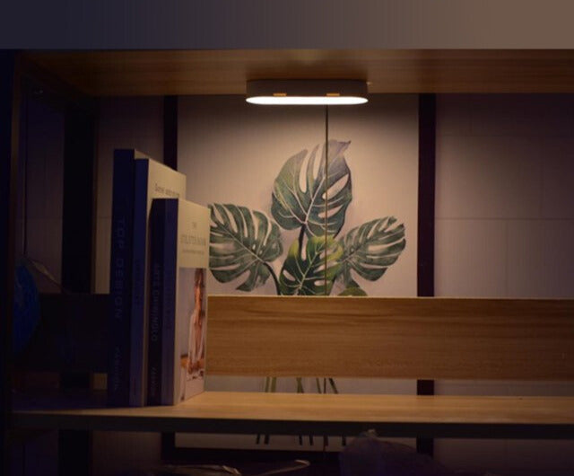 Wandregal mit LED-Licht, Holzoptik, Bücher und Monstera-Pflanzenbild, modernes Wohnzimmer-Dekor.