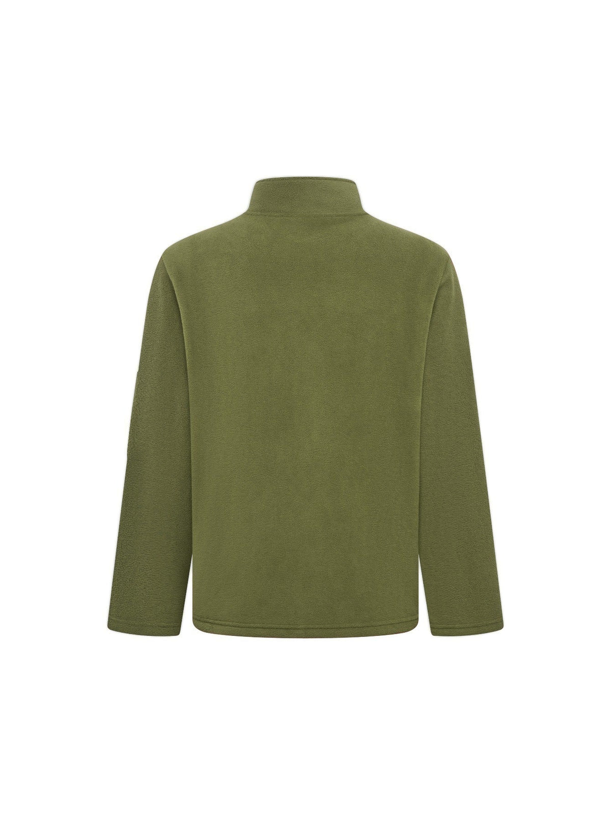 Rückansicht der olivgrünen Fleecejacke mit Stehkragen, glattem Rückenteil und langen Ärmeln. 9