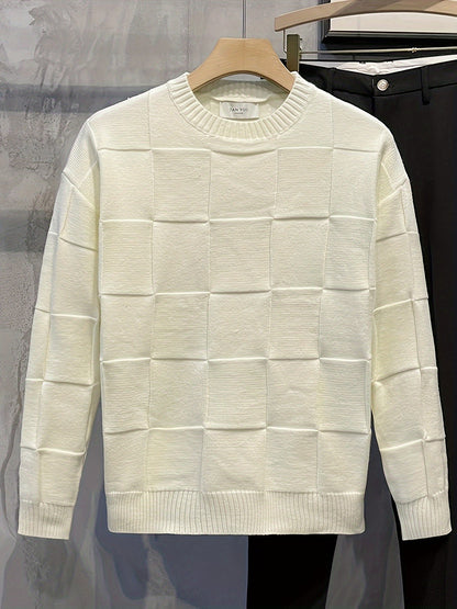 Weiße Strickpullover mit Karomuster, Herrenmode, Baumwolle, elegant, lässig, Herbstmode.