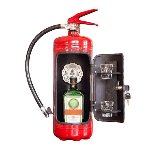 Roter Feuerlöscher-Bar mit Jägermeister-Flasche und Gläsern, originelles Geschenk, Deko-Idee.
