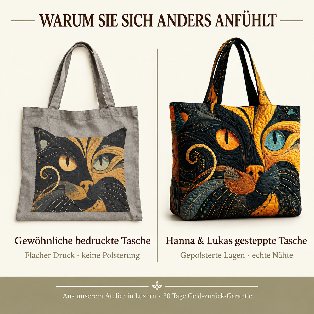 Vergleichsbild: links flach bedruckte graue Stofftasche, rechts die gepolsterte gesteppte Katzentasche mit sichtbaren Nähten 5