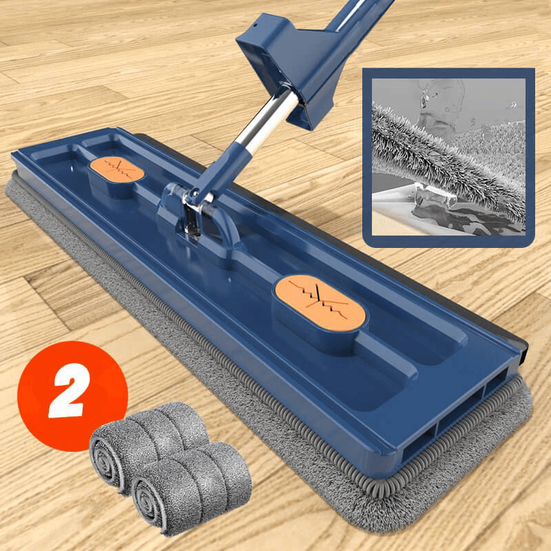 Blauer Flachmop mit rotierendem Kopf, zwei Ersatzrollen, ideal für effiziente Bodenreinigung.