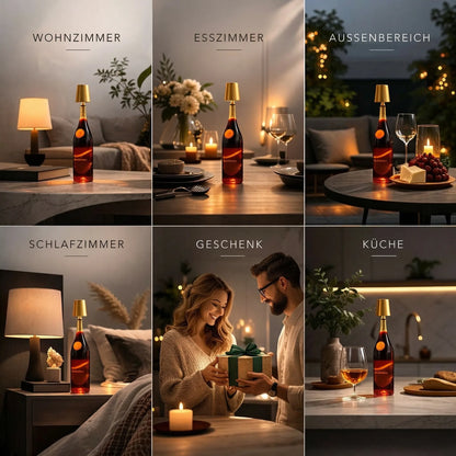 Sechs Einsatzbeispiele der goldenen Flaschenlampe: Wohnzimmer, Esszimmer, Terrasse, Schlafzimmer, Geschenkübergabe und Küche 5