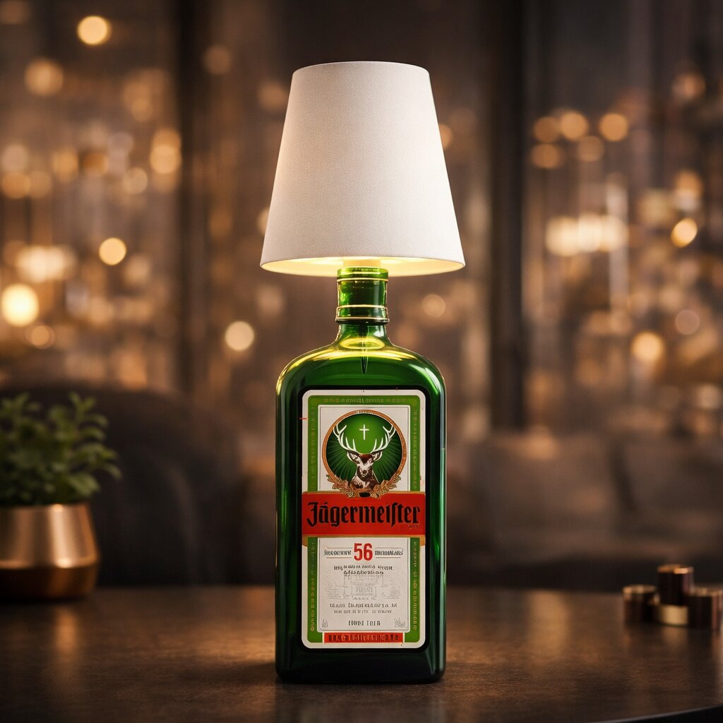 Weiße Flaschenlampe auf grüner Kräuterlikörflasche vor unscharfem, goldenem Lichterhintergrund 11